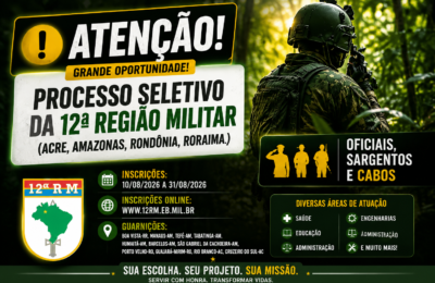 Exército Brasileiro abre processo seletivo para militares temporários com vagas em Boa Vista e outras cidades da Amazônia
